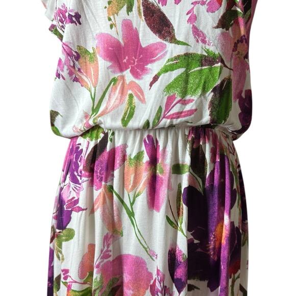 NEW Lascana Flutter Sleeve Flowy Viscose Midi Dress White Purple Pink Floral 8 - Picture 5 of 13